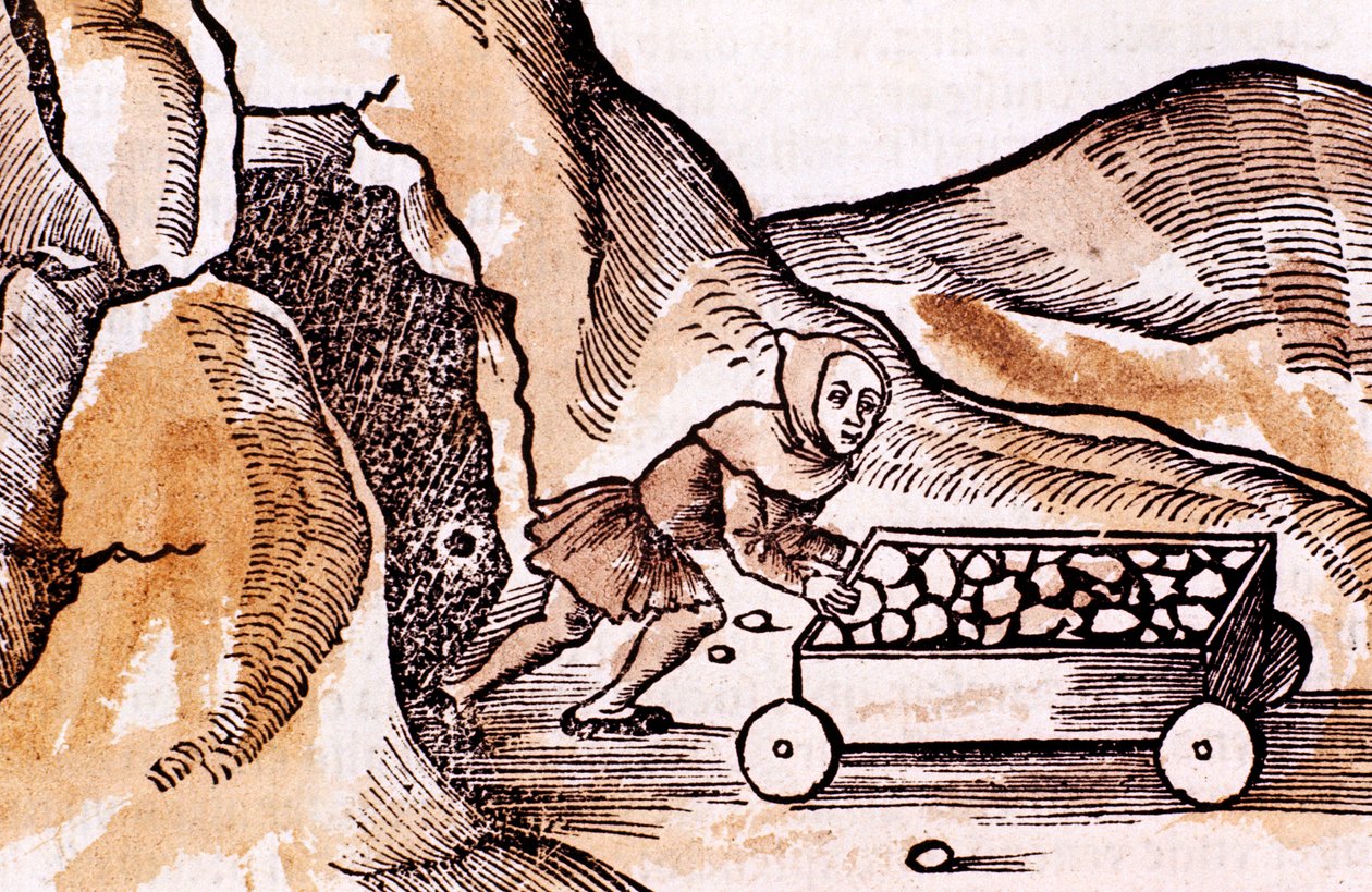 Kaivosmies työntää vaunua kaivoksen sisäänkäynnistä, 1508 tekijältä Unbekannt
