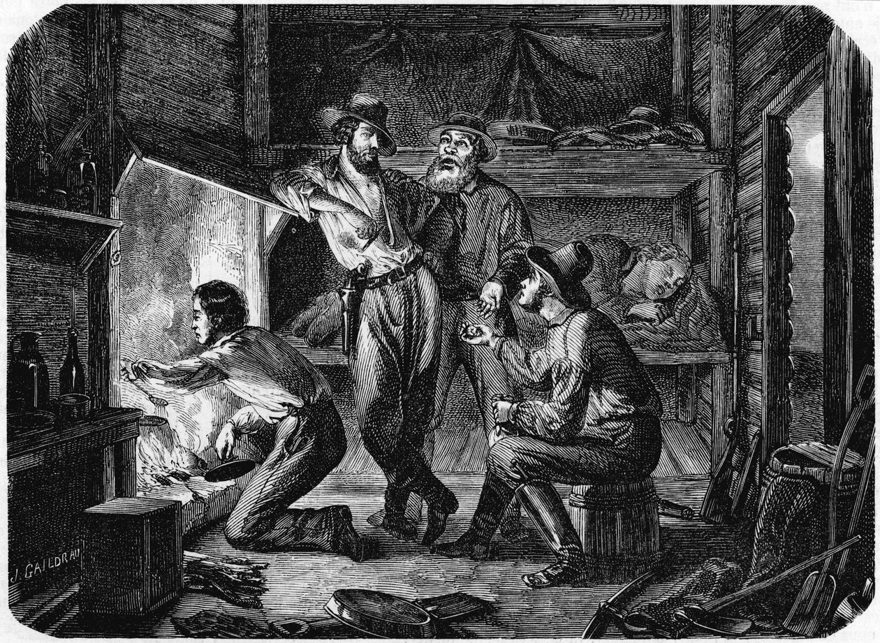 Kaivostyöläiset Kalifornian kultakentillä rentoutumassa hirsimökissään yöllä 1853 tekijältä Unbekannt