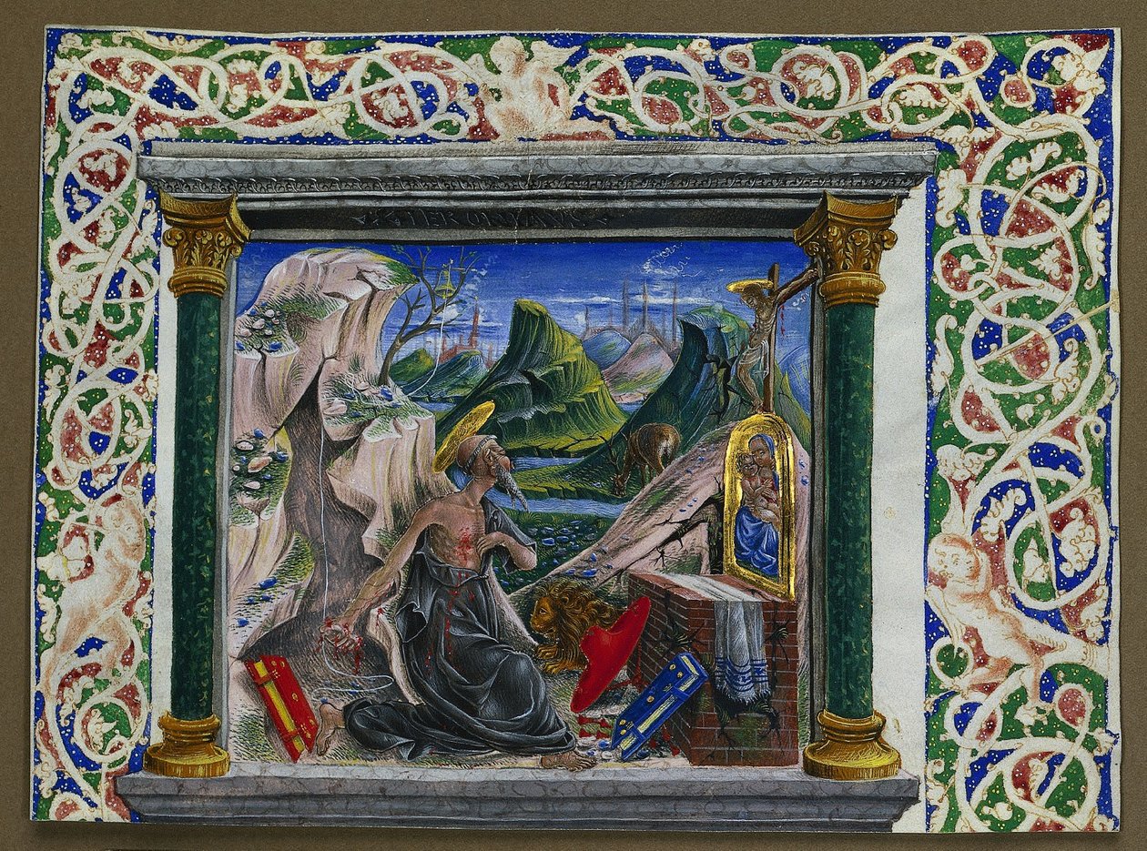 Käsikirjoituksesta leikattu miniatyyri: St. Jerome in the Wilderness, n. 1500. tekijältä Unbekannt