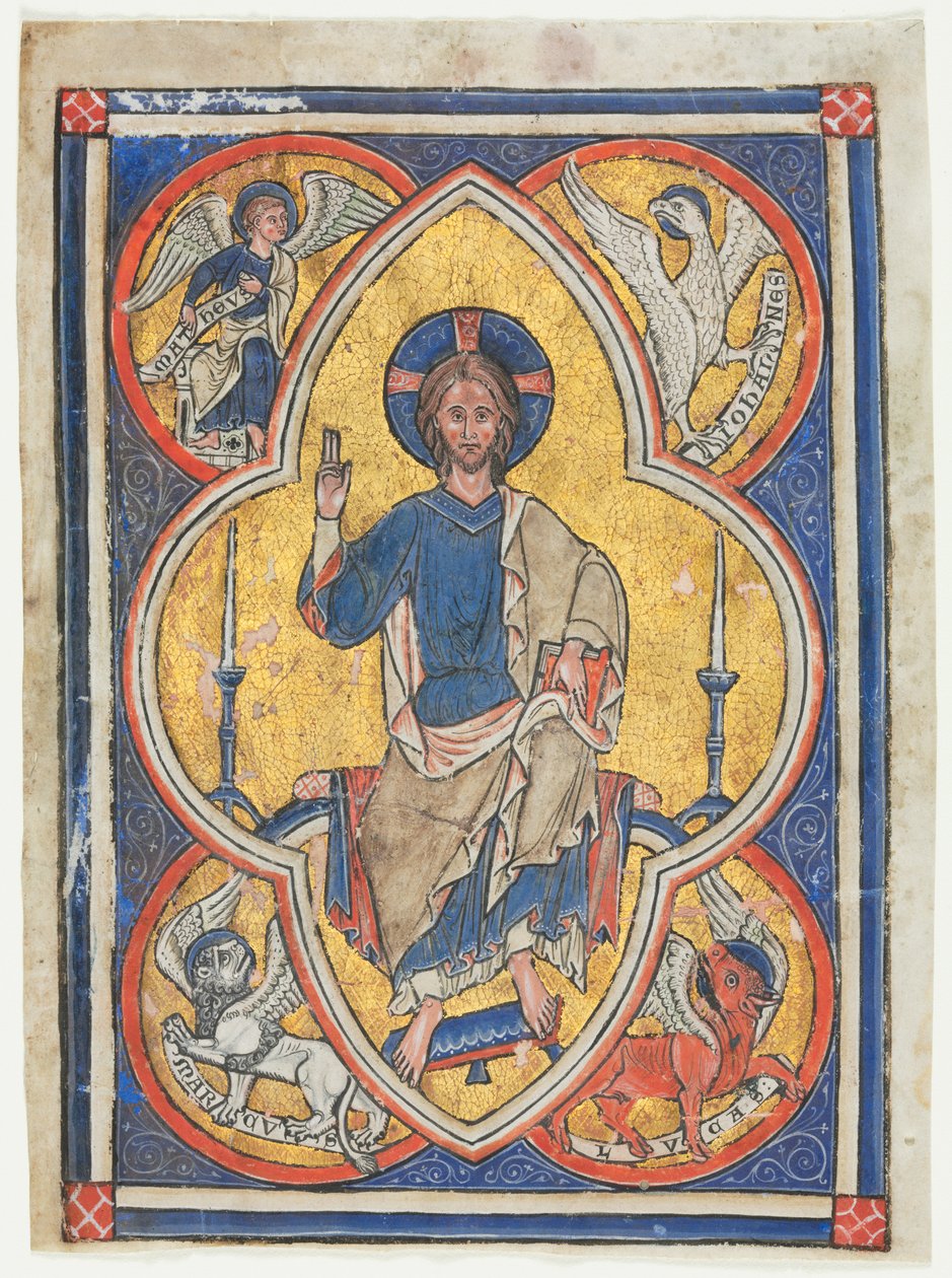 Psalterista leikattu miniatyyri: Kristus Majesteetissa neljän evankelistan symboleilla, n. 1235. tekijältä Unbekannt