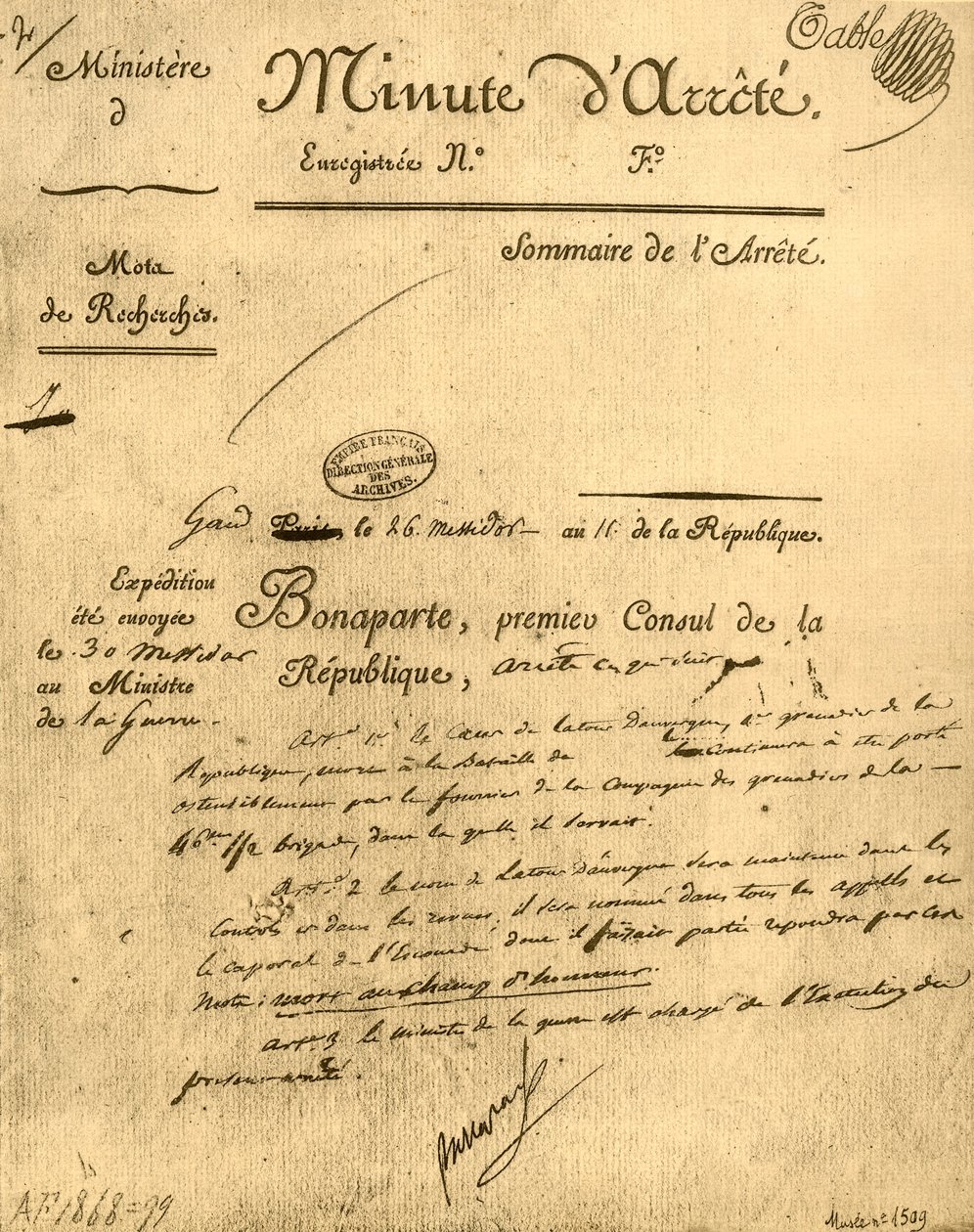 Ministerin määräys La Tour dAuvergnesta, 15. heinäkuuta 1803, 1921. tekijältä Unbekannt