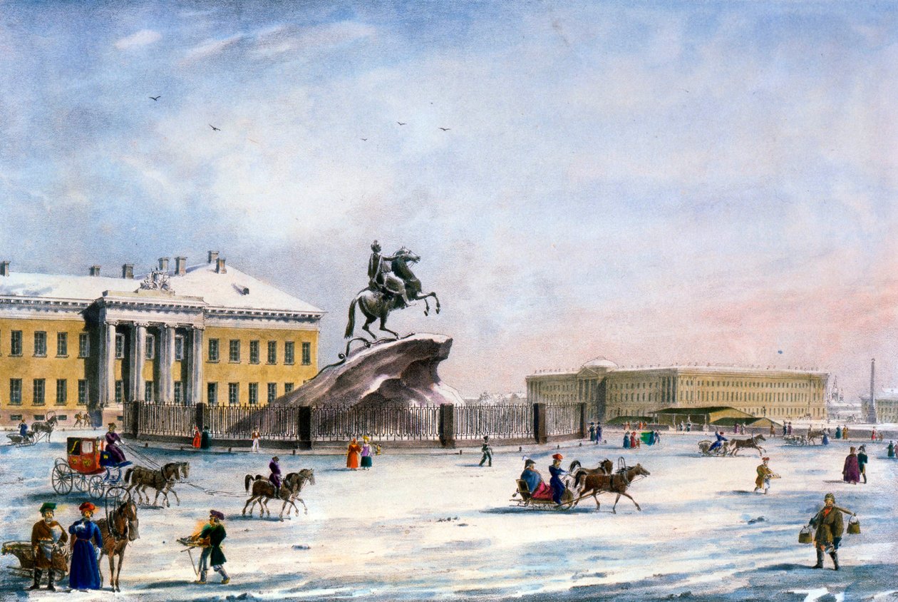 Pietari Suuren muistomerkki Pietarin Senaatin aukiolla, Venäjä, talvi, 1822 tekijältä Unbekannt
