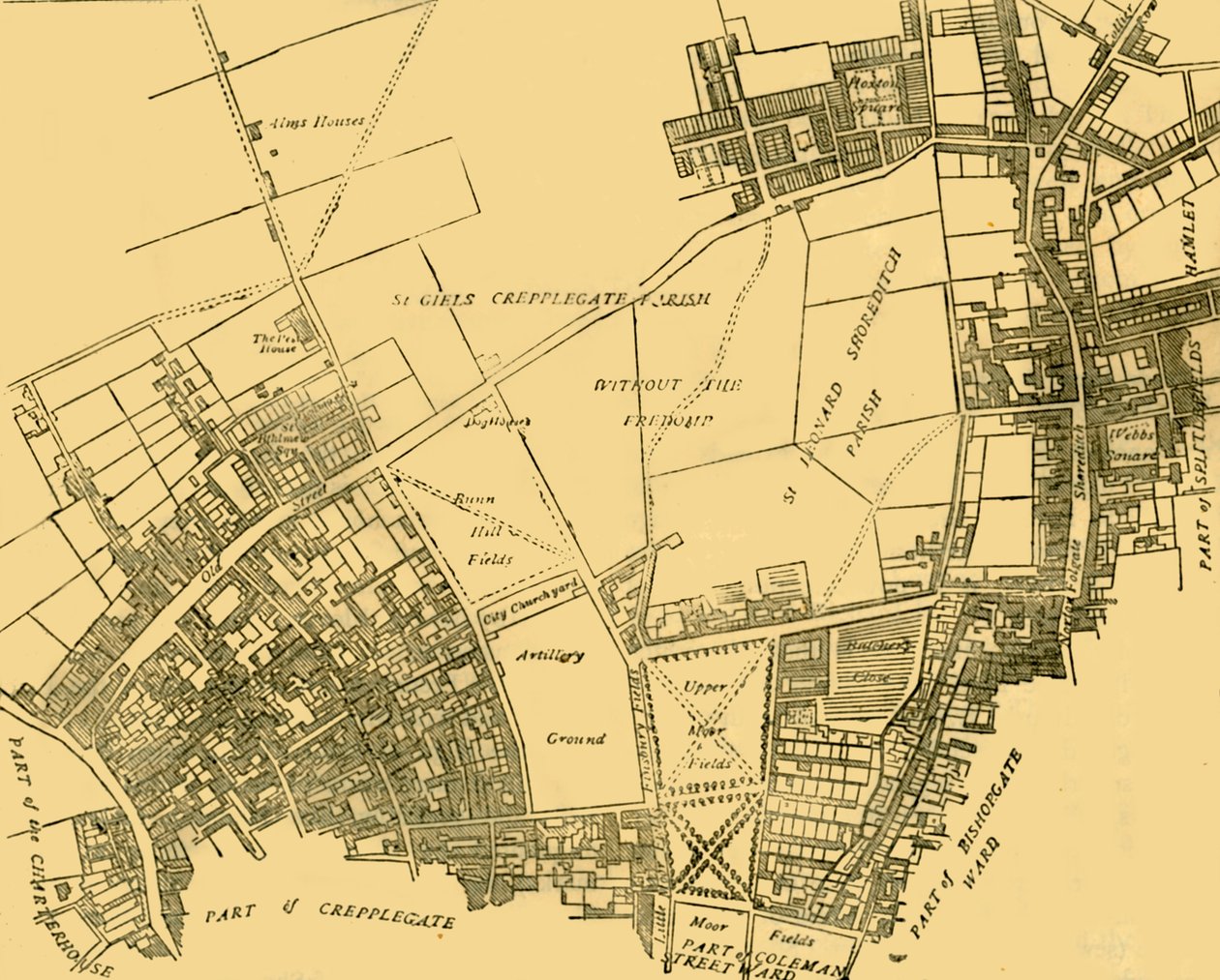 Moorfields ja sen naapurusto Kartasta noin vuodelta 1720, c1872. tekijältä Unbekannt