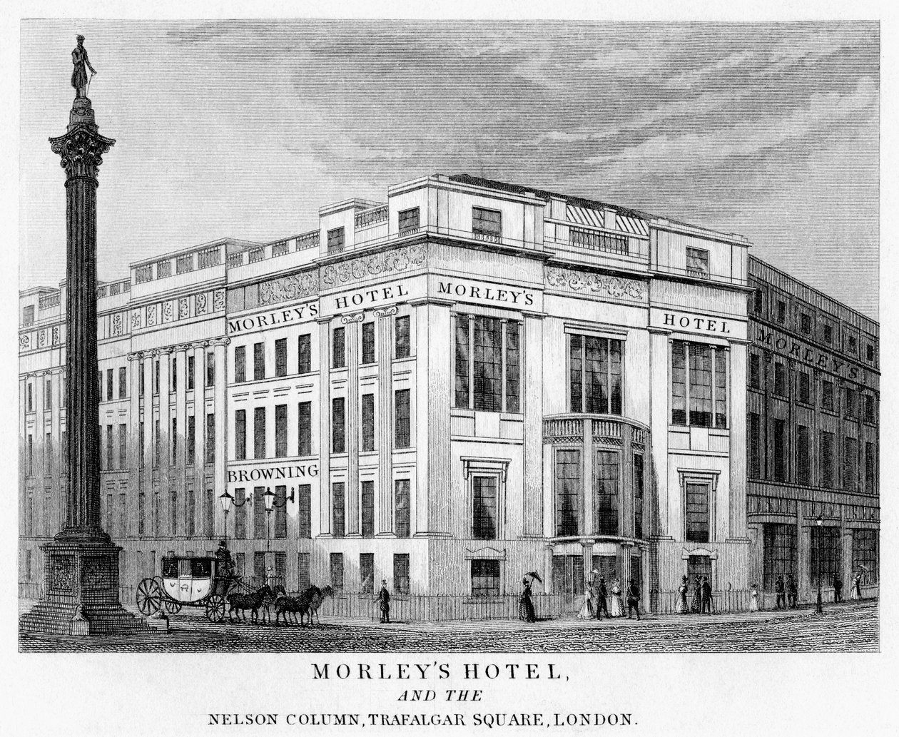 Morleys Hotel ja Nelsons-pylväs, Trafalgar Square, Westminster, Lontoo, 1800-luku tekijältä Unbekannt