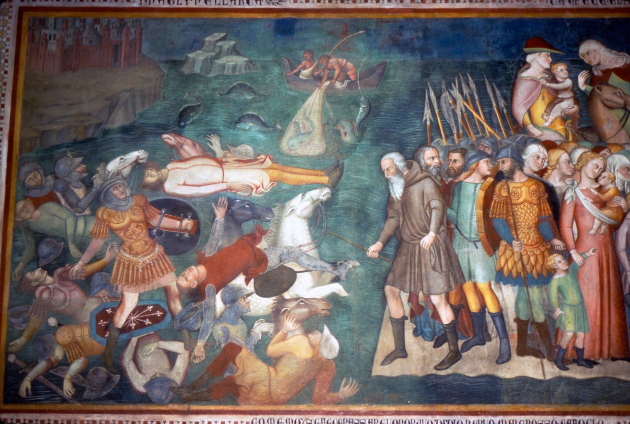 Mooses ja israelilaiset ylittävät Punaisen meren, San Gimignano, Italia, 1300-luku tekijältä Unbekannt
