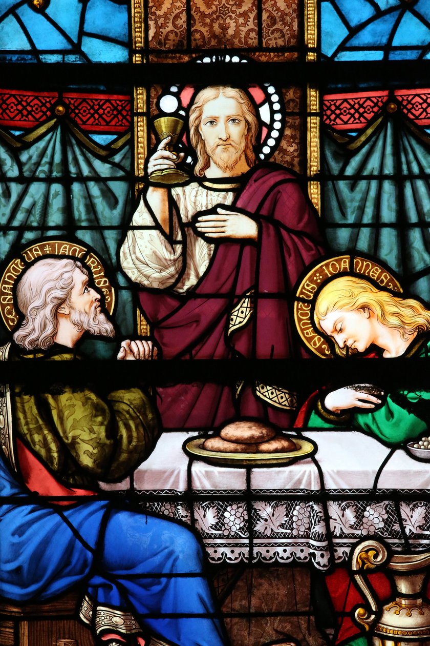 Moulinsin katedraali. Lasimaalaus. Viimeinen ehtoollinen on viimeinen ateria, jonka Jeesus jakoi apostoliensa kanssa Jerusalemissa, 20160603, Moulins, Eurooppa tekijältä Unbekannt