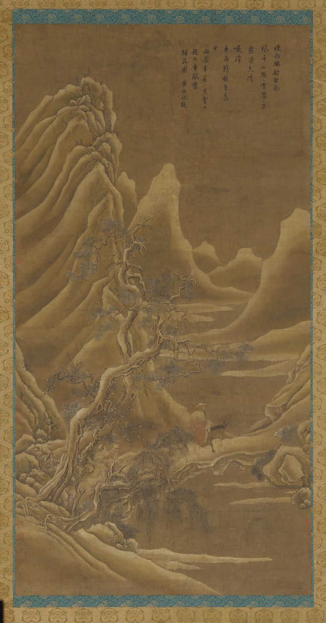 Vuoria, joki ja männyt - mies aasin selässä, Qing-dynastia, 1600-luku. tekijältä Unbekannt