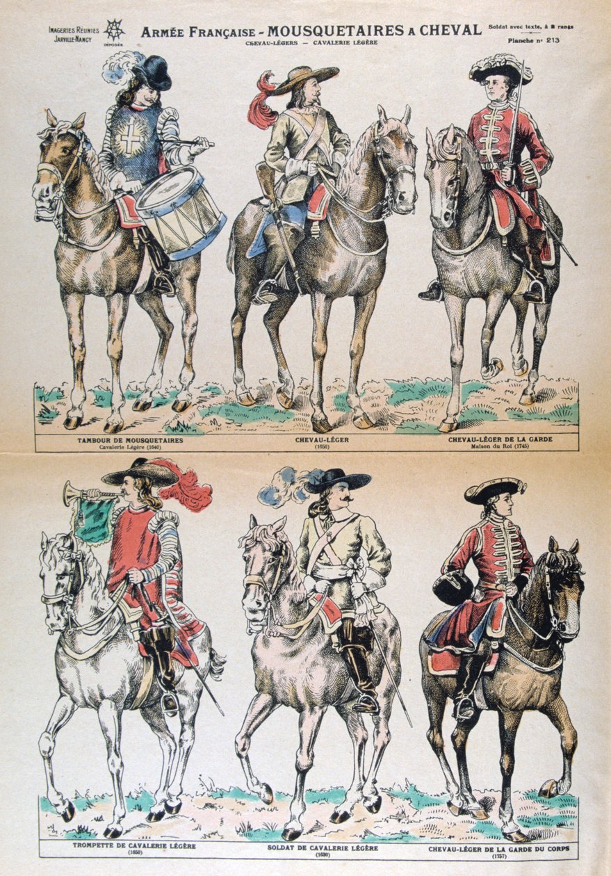Mousquetaires a Cheval 17th Century. Ranskan armeijan univormut. Värilitografia. Yksityinen kokoelma tekijältä Unbekannt