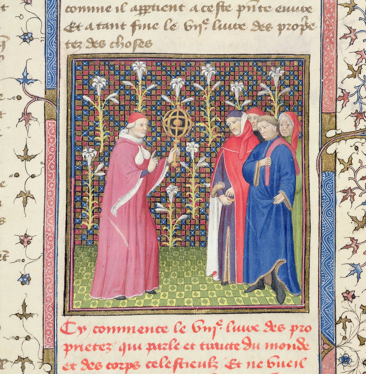 Ms 251 f.135r Viisi miestä, joista toisella kädessään armillaarinen pallo, "Des Proprietez des Choses", n. 1415 (vellum) tekijältä Unbekannt