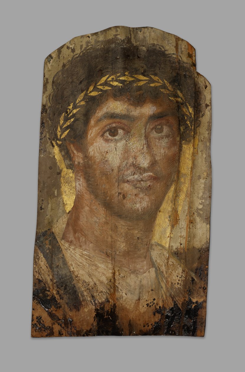 Muumio muotokuva miehestä, jolla on laakeriseppele, Fayum, 200-luvun alusta tai puoliväli. tekijältä Unbekannt