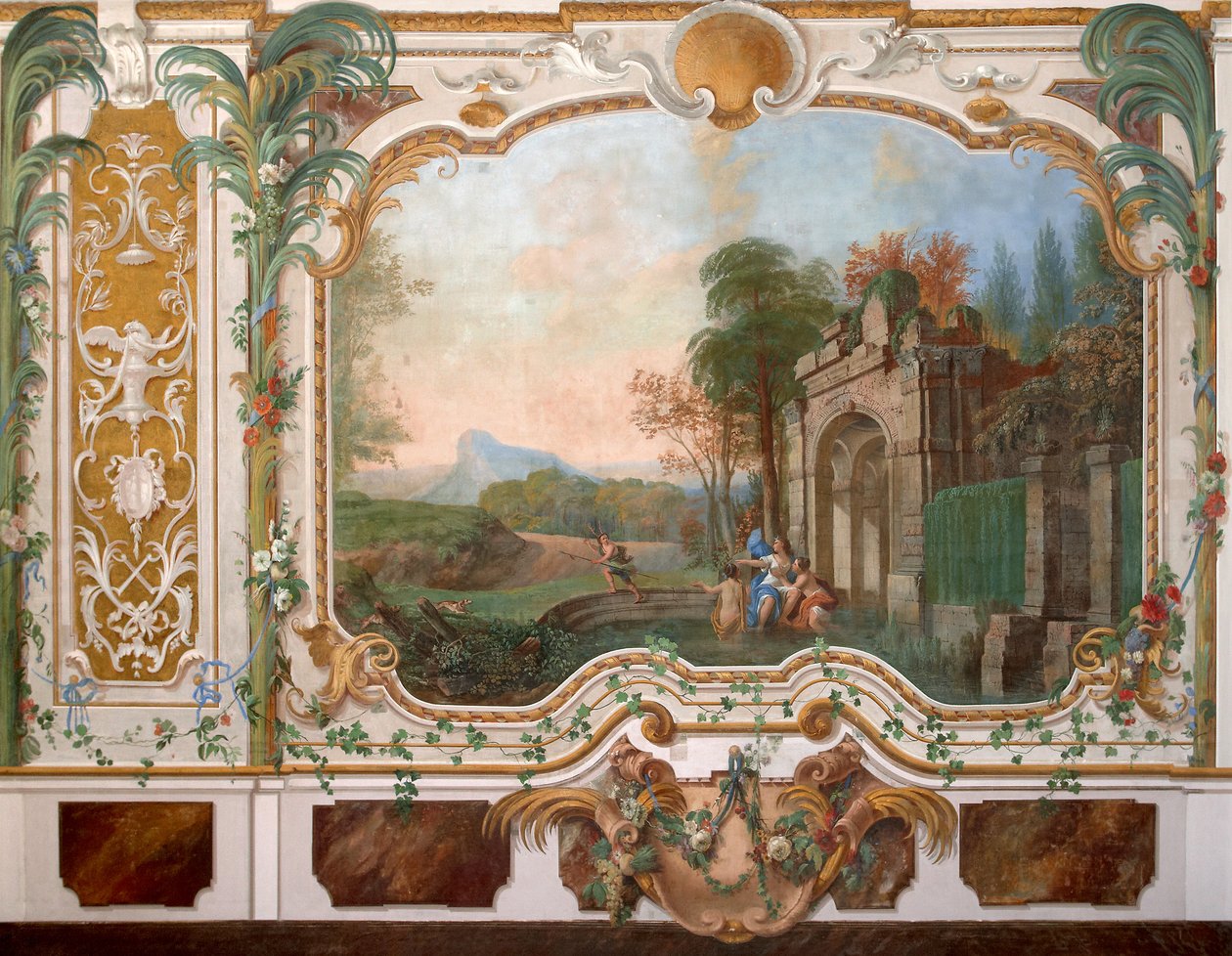 Seinämaalaus kiinalaisen palatsin olohuoneessa Oranienbaumissa, 1700-luvun puolivälissä tekijältä Unbekannt