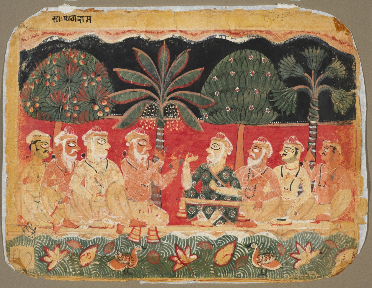 Nanda ja vanhimmat, sivu Bhagavata Puranalta, n. 1525. tekijältä Unbekannt