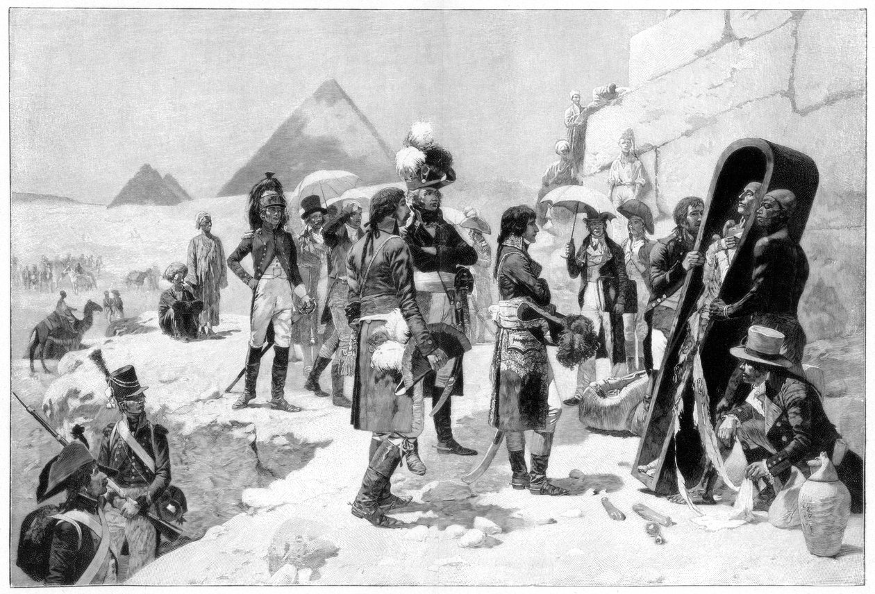 Napoleon Bonaparte tarkastamassa muumiota pyramidilla, 1801 1900 tekijältä Unbekannt