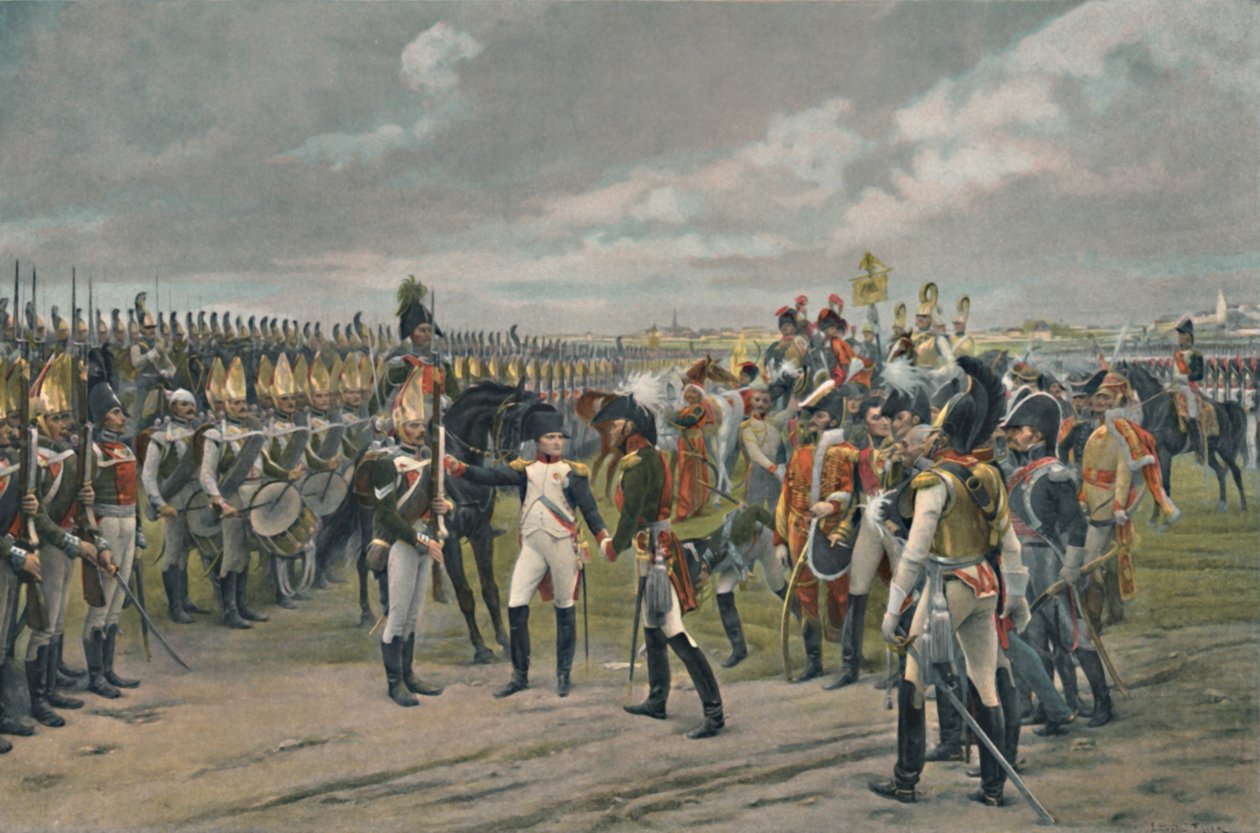 Napoleon koristelemassa venäläistä kranadieria Tilsittissä, 1807, 1896 tekijältä Unbekannt