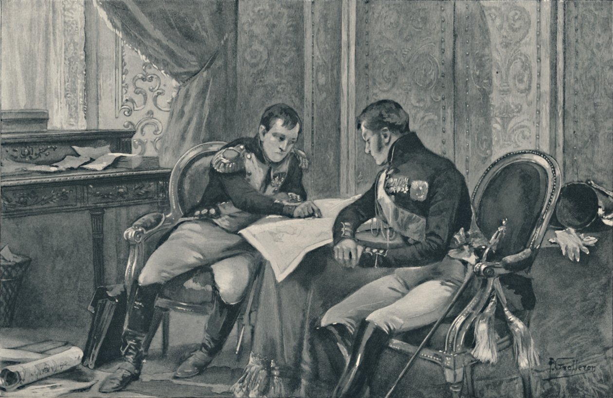 Napoleon ja Aleksanteri Tilsitissä tutkimassa Euroopan karttaa, 1807, 1896 tekijältä Unbekannt