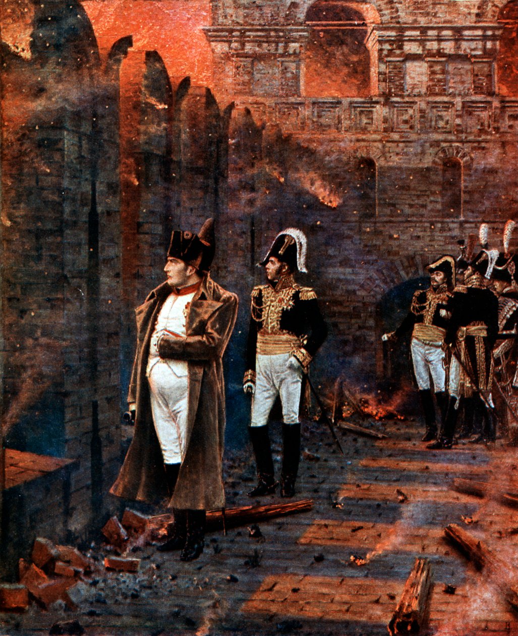 Napoleon ja hänen esikuntansa katsomassa Moskovan polttamista 1812, 1800-luvun loppu tekijältä Unbekannt