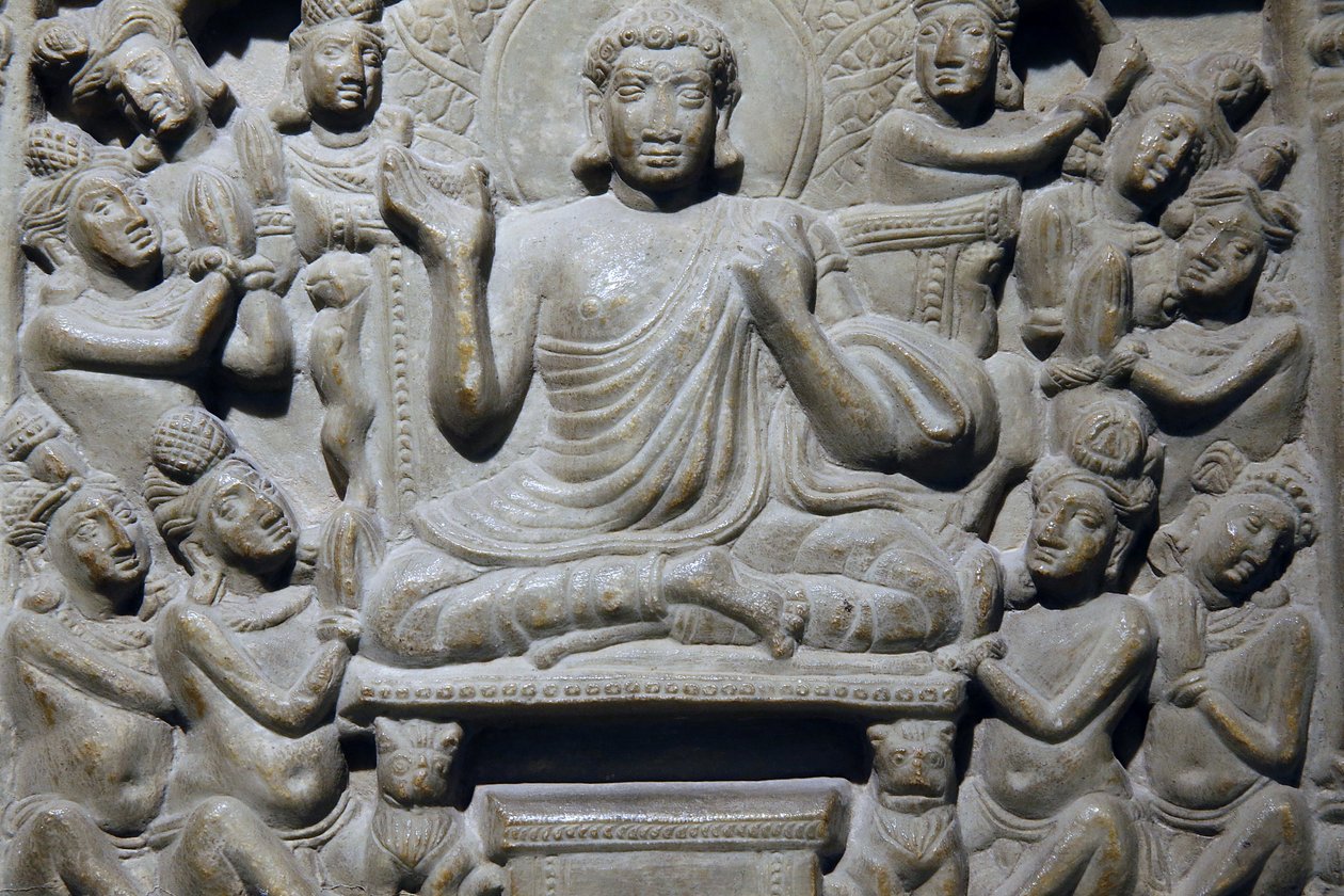 Intian kansallismuseo, Delhi. Ayaga-friisi, joka kuvaa kohtauksia Buddhan elämästä ja Jakatoista. Ikshvaku, 3. vuosisadalla jKr. Nagarjunakonda, Andhra Pradesh. Harmaa kalkkikivi. Yksityiskohta. Intia. tekijältä Unbekannt