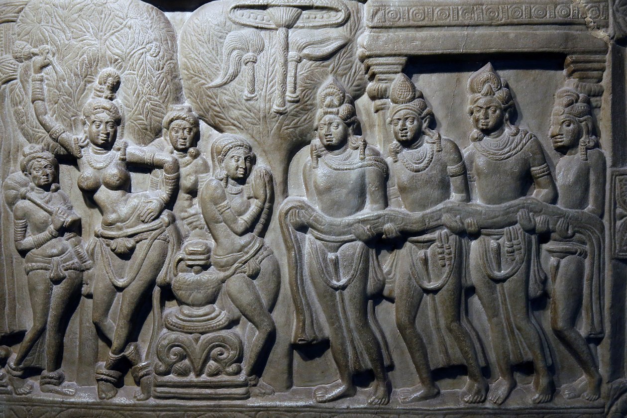 Intian kansallismuseo, Delhi. Buddhan elämän kohtauksia. Ikshvaku, 3. vuosisadalla jKr. Nagarjunakonda, Andhra Pradesh. Harmaa kalkkikivi. Yksityiskohta. Intia. tekijältä Unbekannt