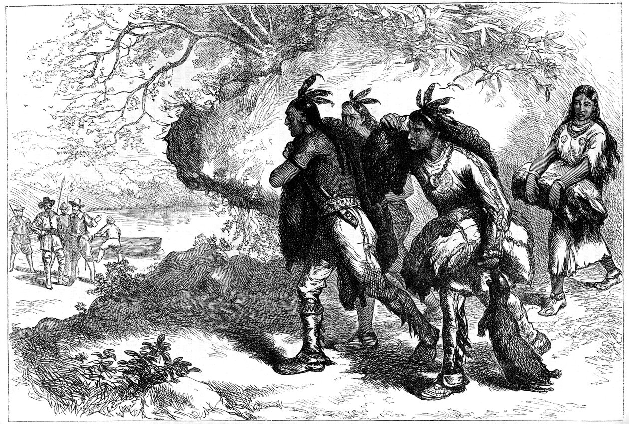 Amerikan intiaanit tuomassa majavannahkoja eurooppalaisille kauppiaille, 1600-luku 1880 tekijältä Unbekannt