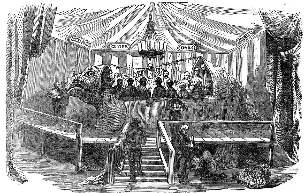 Naturalistit ruokailemassa dinosaurusmallin sisällä, Crystal Palace, Sydenham, uudenvuodenaatto, 1853 tekijältä Unbekannt
