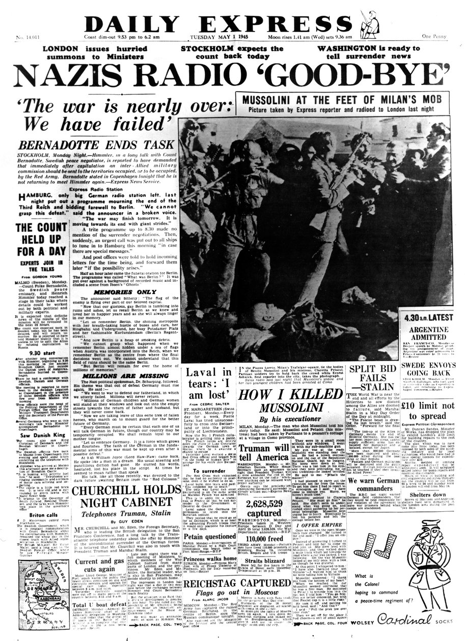 Natsiradio Hyvästi, Daily Expressin etusivu, 1. toukokuuta 1945 tekijältä Unbekannt
