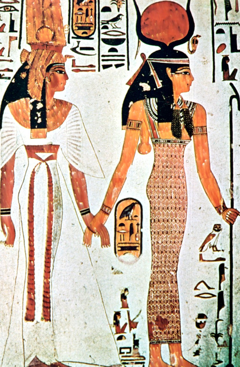 Nefertari ja Isis, muinainen egyptiläinen seinämaalaus Theban-haudasta, 1200-luvulta eKr tekijältä Unbekannt