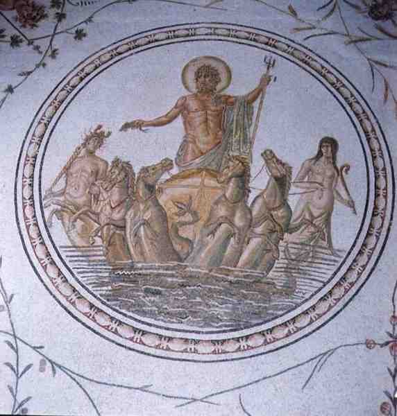 Neptunus vaunuissaan Hippokampien ja Tritonien kanssa (mosaiikki) tekijältä Unbekannt