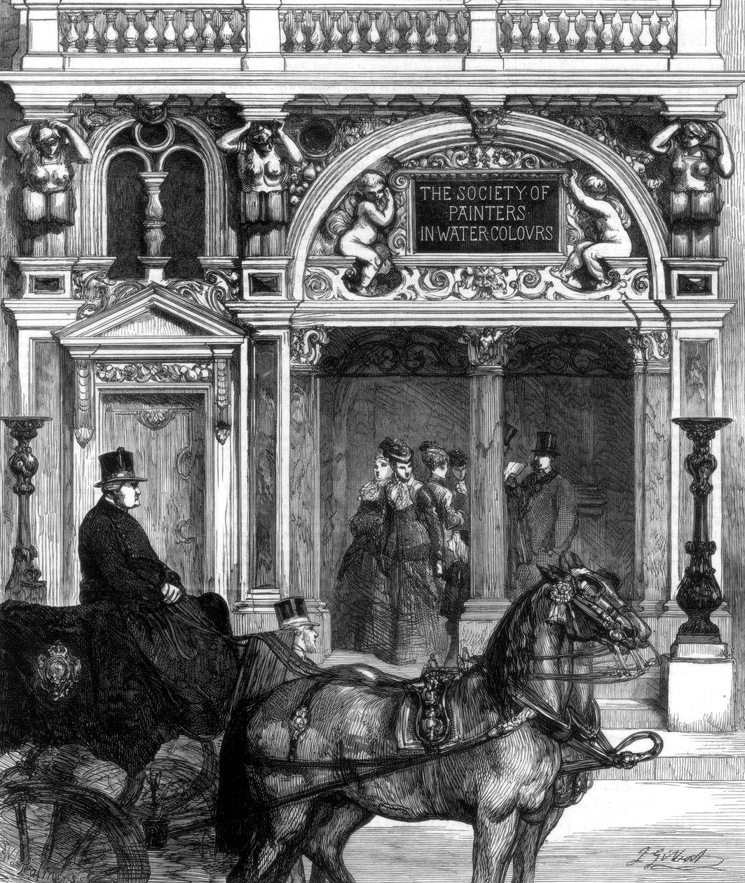 Uusi sisäänkäynti Society of Painters -galleriaan, Pall Mall East, Lontoo, 1875 tekijältä Unbekannt