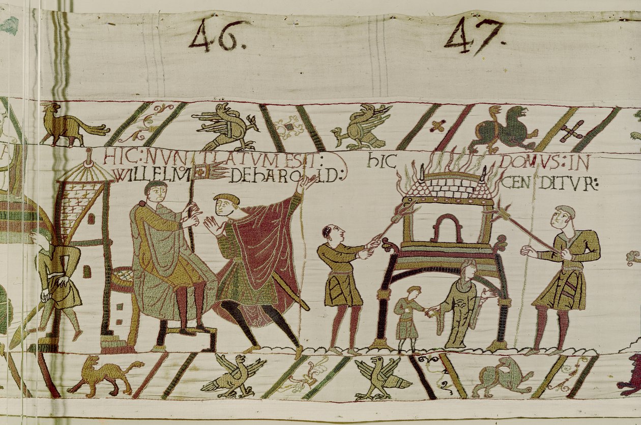 Uutisia Haroldin tuomisesta Williamille ja normannien polttamasta talosta, Bayeux Tapestry (villakirjonta pellavalle) tekijältä Unbekannt