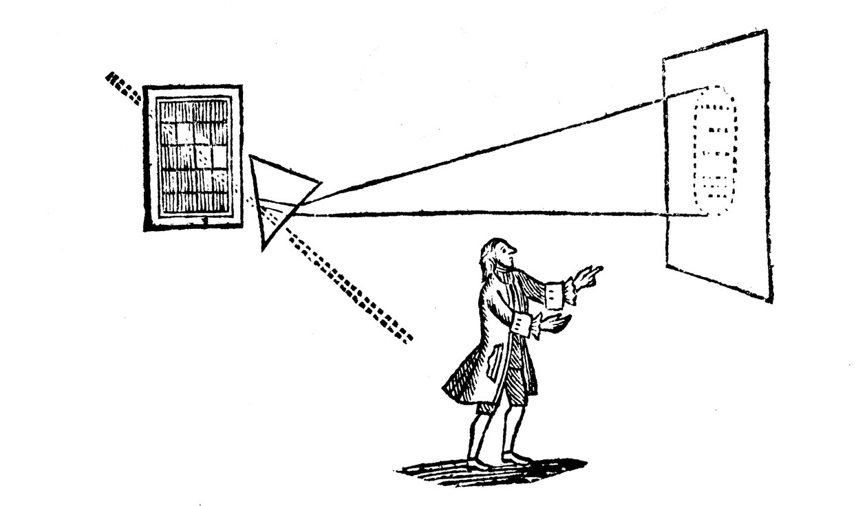 Newtonit kokeilivat valkoisen valon jakamista spektrin väreiksi prismalla, 1757 tekijältä Unbekannt