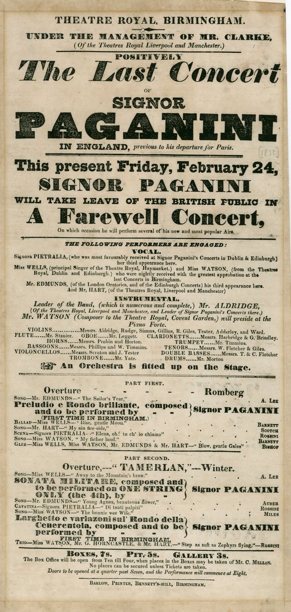 Niccolo Paganini - playbill tekijältä Unbekannt