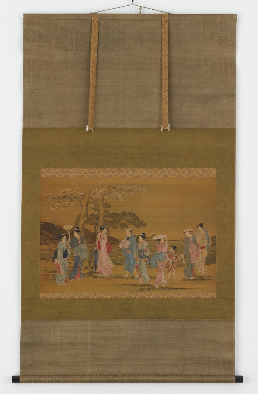 Yhdeksän ihmistä ulkona katsomassa kirsikankukkia, Edo-kausi, 1615-1868. tekijältä Unbekannt