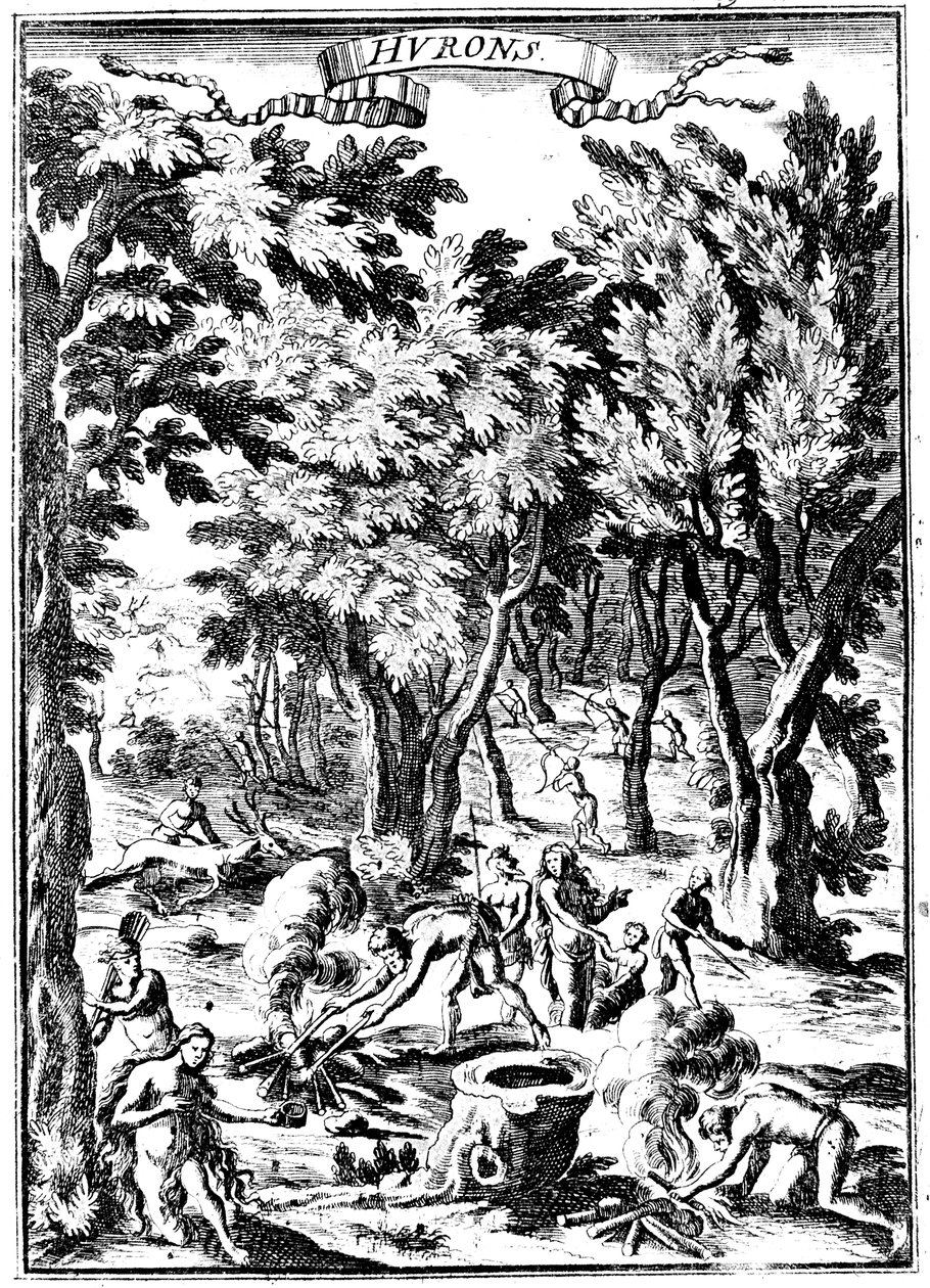 Pohjois-Amerikan huroniintiaanit metsästämässä ja valmistamassa ruokaa metsässä, 1686 tekijältä Unbekannt