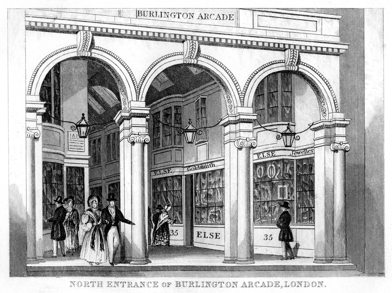 Burlington Arcaden pohjoinen sisäänkäynti, Westminster, Lontoo, 1800-luku tekijältä Unbekannt