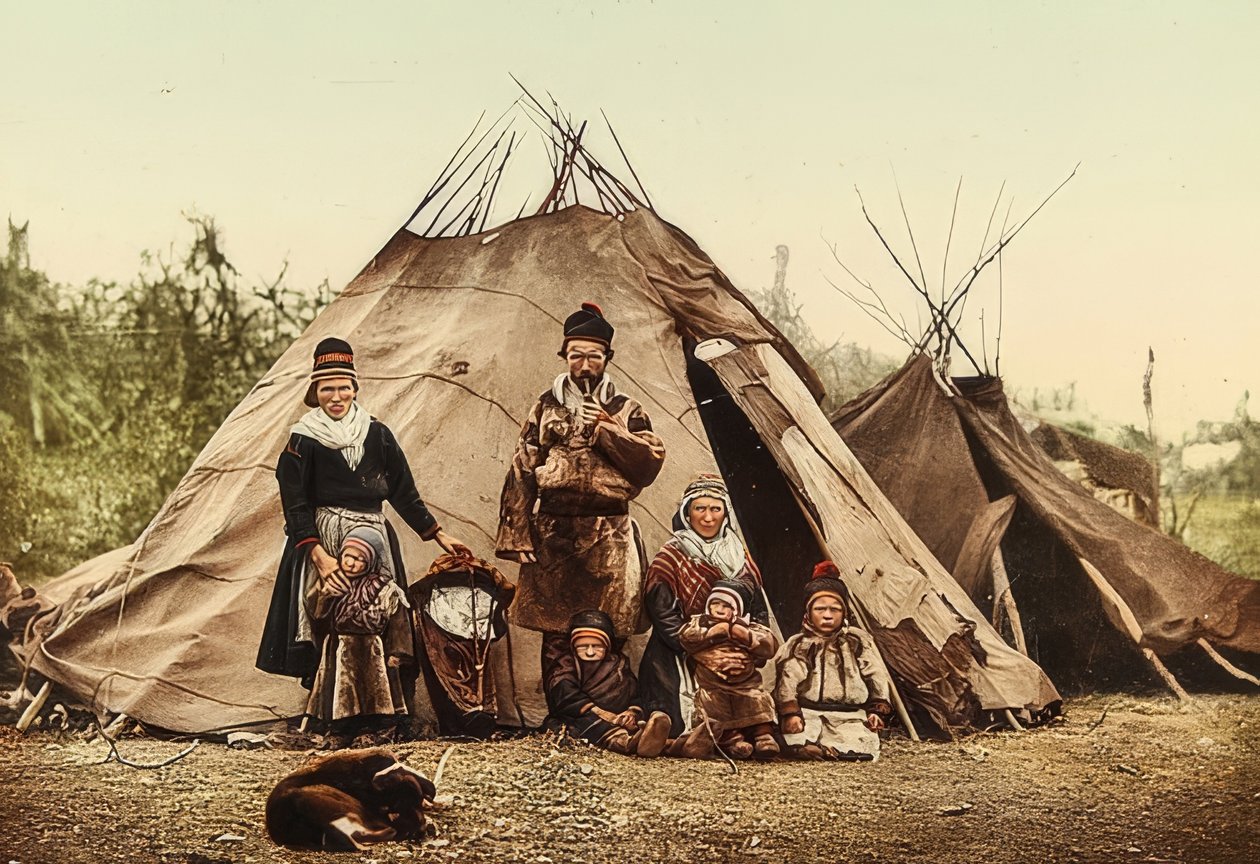 Norja. Rag (siemen) - perhe teltan edessä. Noin 1900. Photochrom. Valokuvaus: Photoglob / Zurich tekijältä Unbekannt