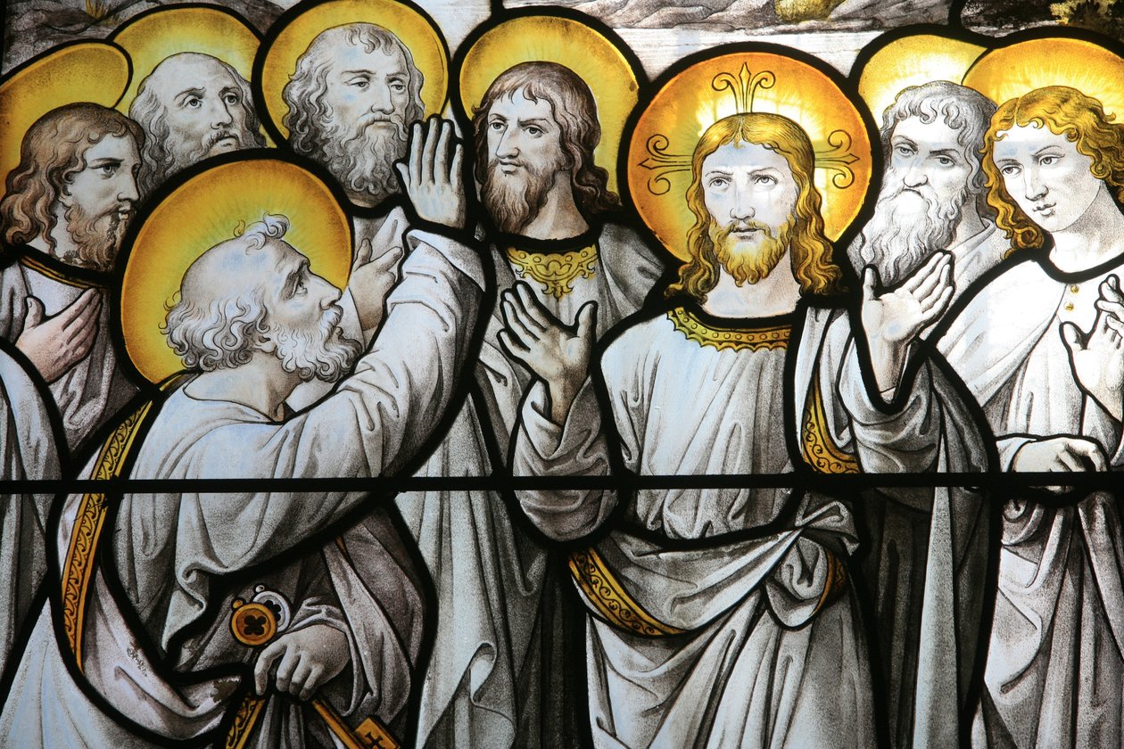 Notre Dame de Beaune -kirkon lasimaalaukset: Pyhä Pietari protestoi uskollisuuttaan Christ Beaune Francelle tekijältä Unbekannt