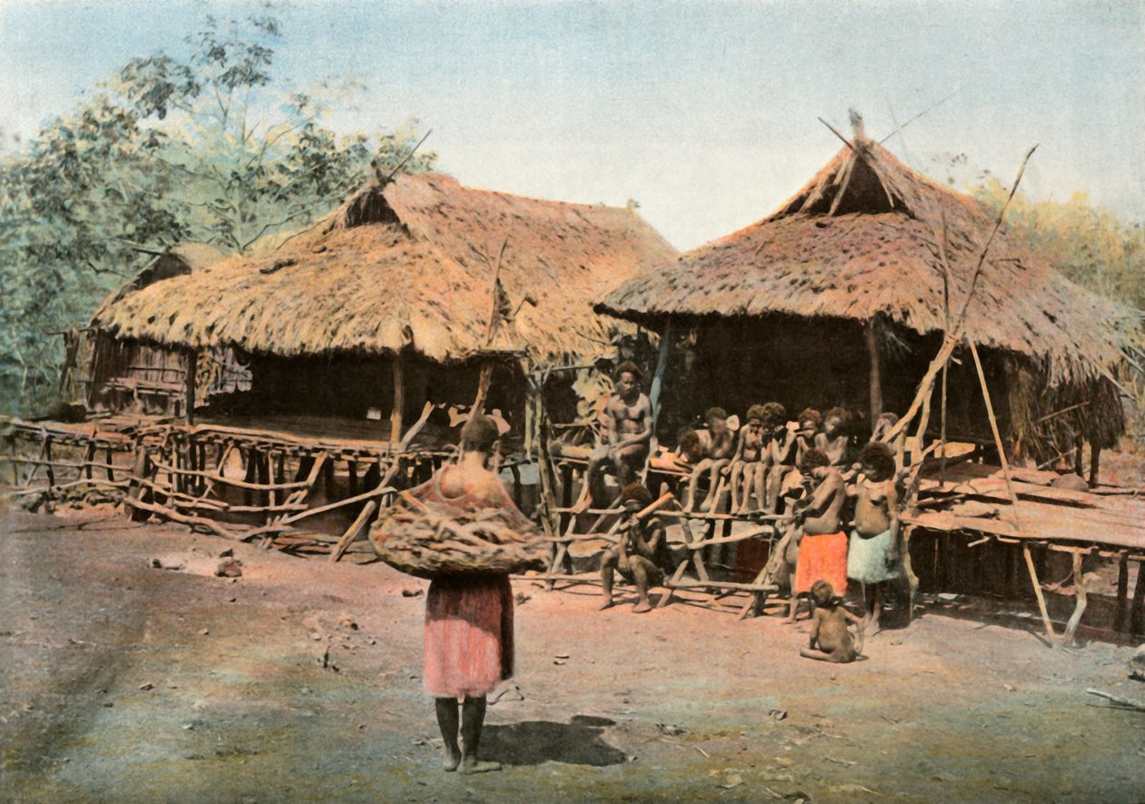 Uusi-Guinea. Karapuna. Alkuperäiskansat, Papua-Uusi-Guinea. Karapuna. Kotikylä, 1900. tekijältä Unbekannt