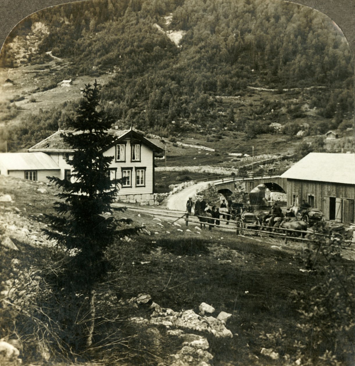 Viehättävällä Telemarken-tiellä - hevosten vaihto Grundesbron laskuvarjoasemalla, Norjassa, c1905. tekijältä Unbekannt