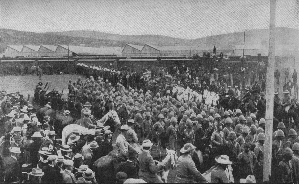 Yksi sodan tuskallisista tapahtumista: vangittujen brittijoukkojen marssiminen Pretoriaan, 1902 tekijältä Unbekannt
