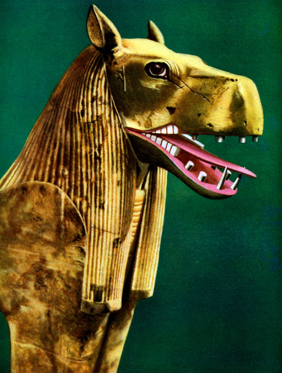 Yksi seremoniallisen sohvan kaksoiskannattimista löydettiin Tutankhamonin haudasta Egyptistä, 1933-1934 tekijältä Unbekannt