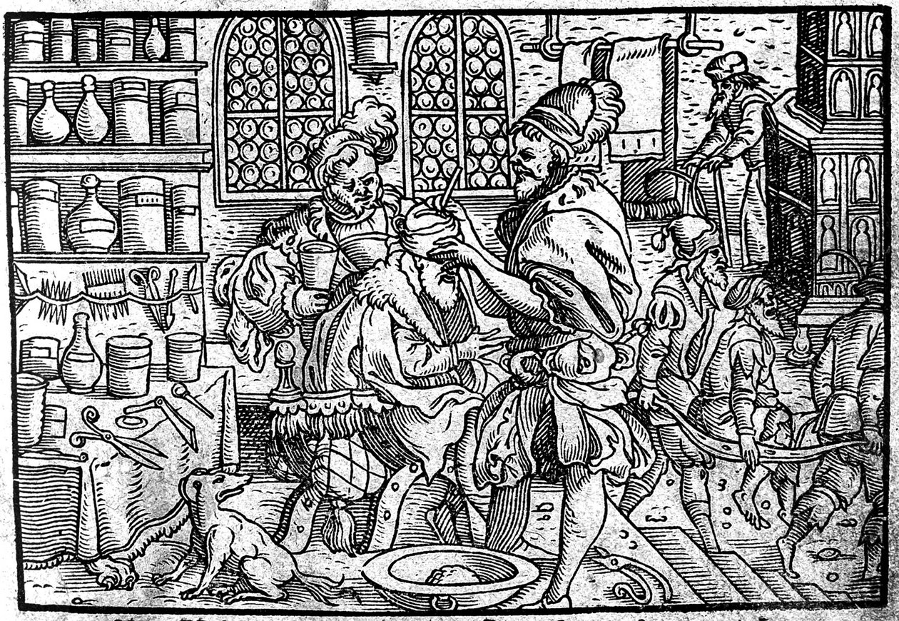 Leikkaus miehen päähän. Lähde: Theophrastus Bombastus von Hohenheimin suuri haavalääke, 1562 tekijältä Unbekannt