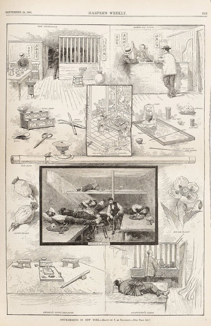 Oopiumin tupakointi New Yorkissa Harpers Weeklystä, 24. syyskuuta 1881, 1881 tekijältä Unbekannt