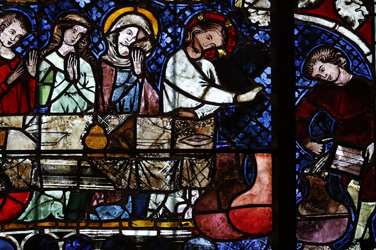 Strasbourgin Neitsyt Marian katedraali. Lasimaalaus. Veden muuttaminen viiniksi Kaanan häissä. 14-luvulla. Strasbourg. Ranska. tekijältä Unbekannt