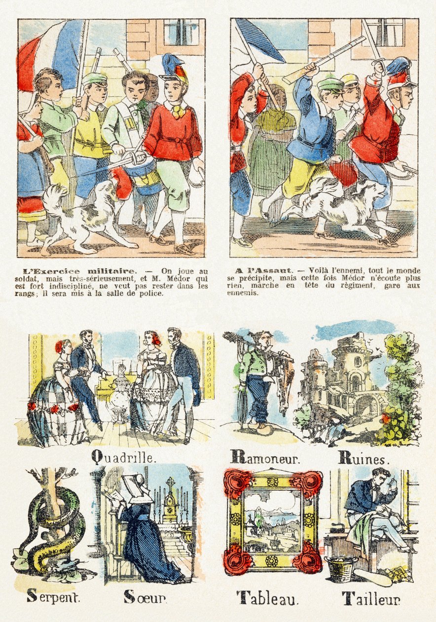 Sivu 7 - lasten pelit: sotilasharjoitus, hyökkäyksessä - aakkoset - lasten viihdettä - epinaalia, suosittu sarja, noin 1890 tekijältä Unbekannt