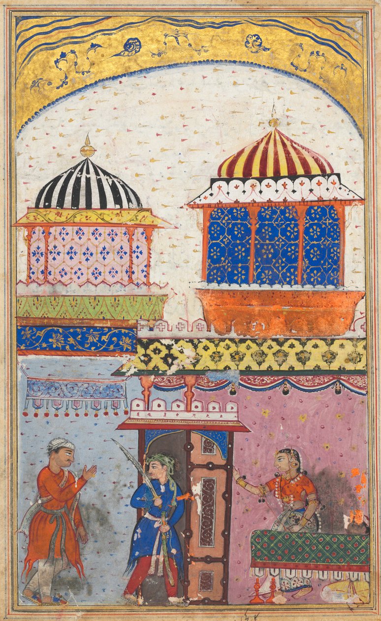 Sivu elokuvasta Tales of a Parrot Tuti-nama: Kahdeksas yö: Nainen pyytää rakastajaansa lähtemään..., c. 1560. tekijältä Unbekannt