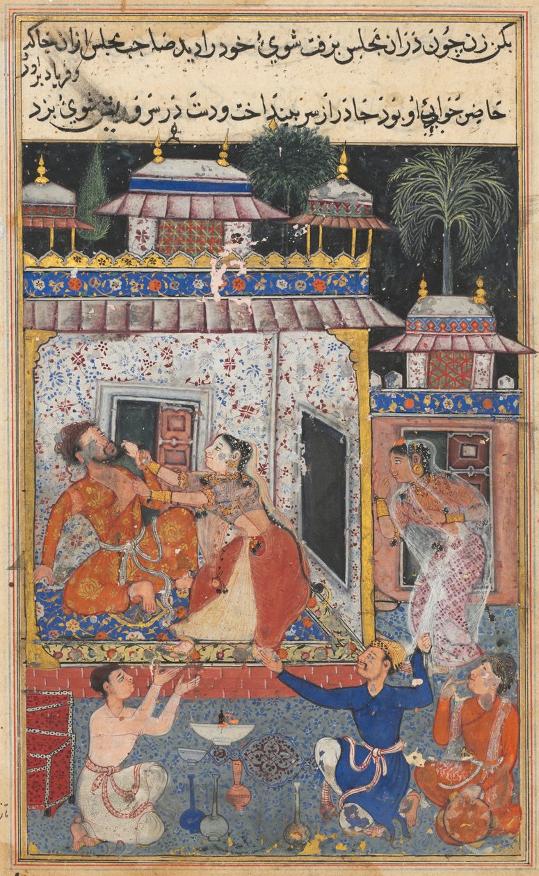 Sivu elokuvasta Tales of a Parrot Tuti-nama: Kahdeksas yö: Petollisen vaimon hyökkäykset, n. 1560. tekijältä Unbekannt
