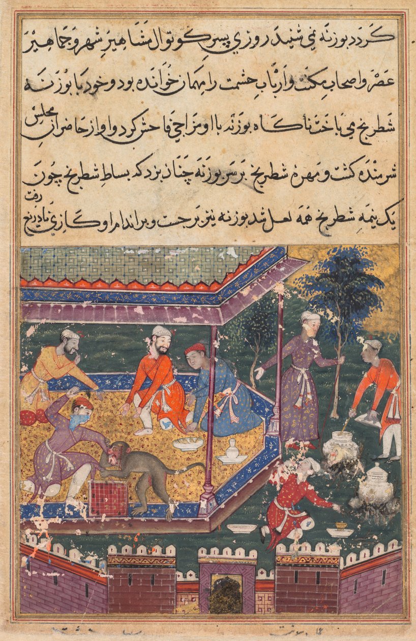 Sivu elokuvasta Tales of a Parrot Tuti-nama: Viides yö: Haavoittunut apina puree kättä., c1560. tekijältä Unbekannt