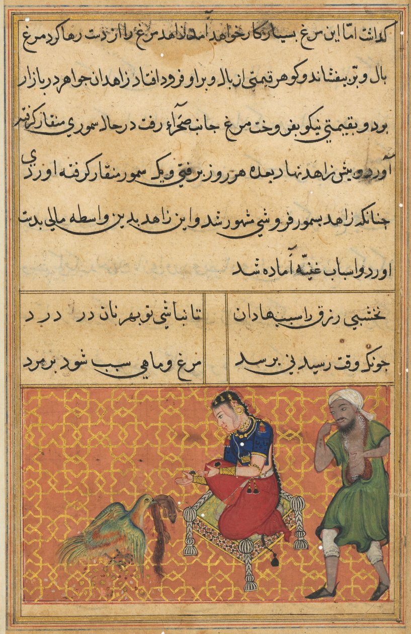 Sivu elokuvasta Tales of a Parrot Tuti-nama: Viisikymmentäsekuntia yö: Seitsemän värin lintu, n. 1560. tekijältä Unbekannt