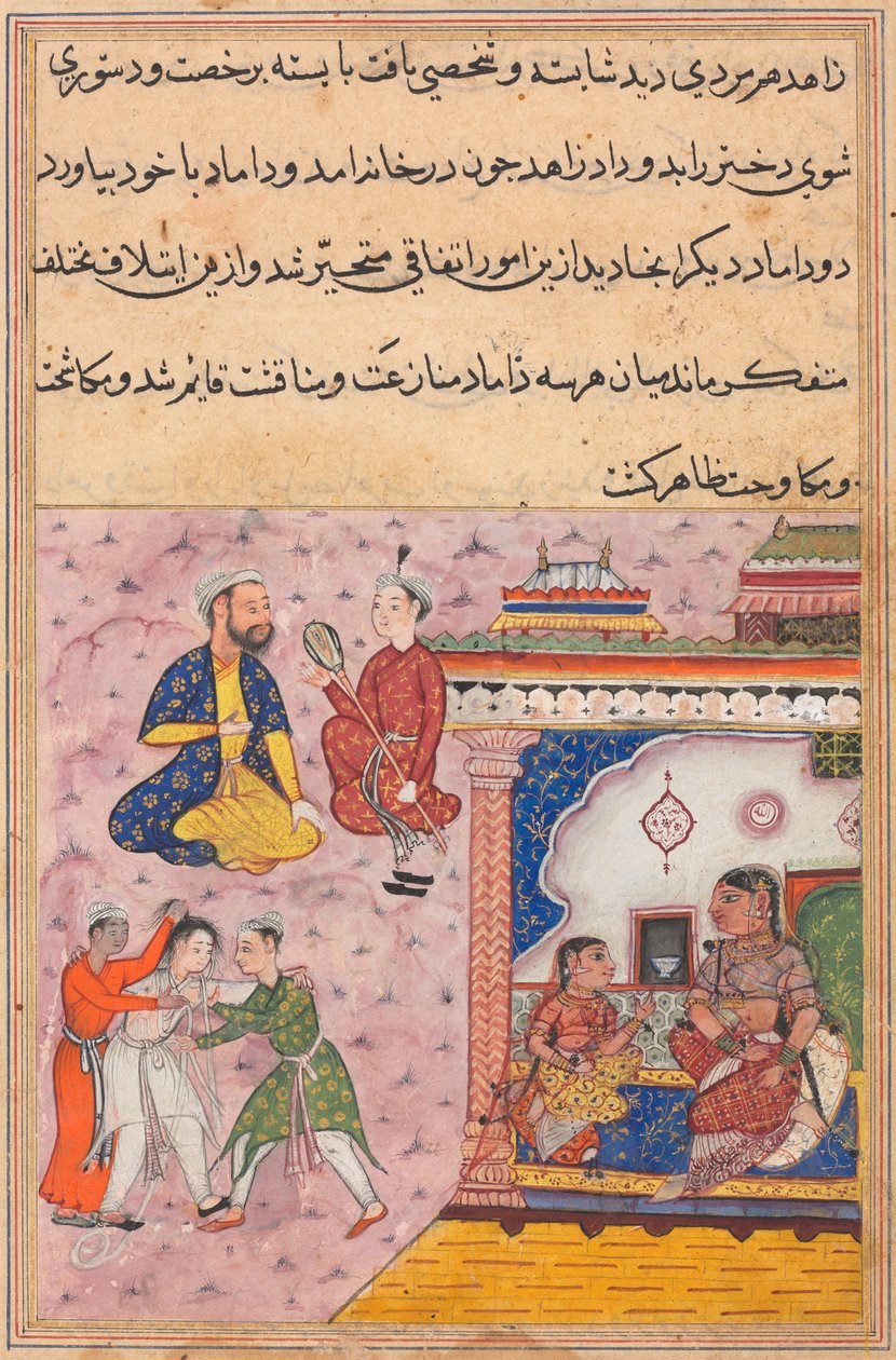 Sivu elokuvasta Tales of a Parrot Tuti-nama: Kahdeskymmenes yö: Kolme kosijaa taistelevat..., c. 1560. tekijältä Unbekannt