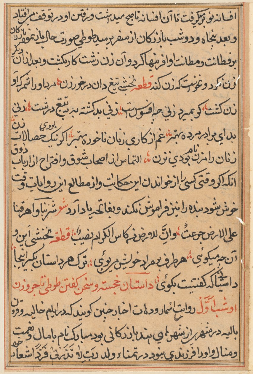 Sivu julkaisusta Tales of a Parrot Tuti-nama: tekstisivu, n. 1560. tekijältä Unbekannt